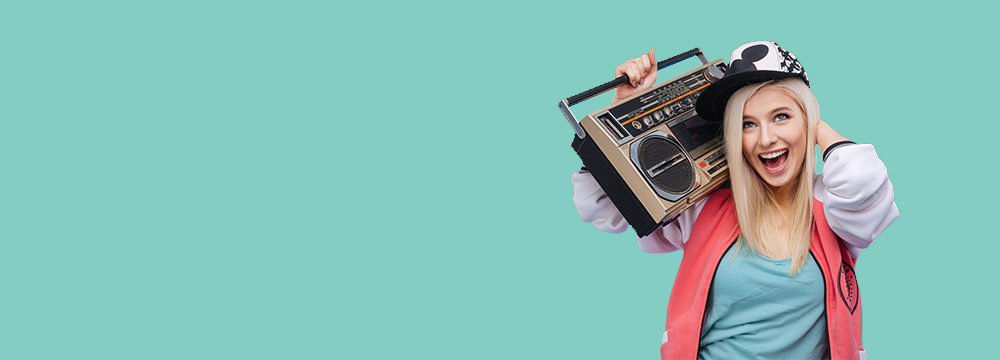 Young lady with boom box click here to open an account