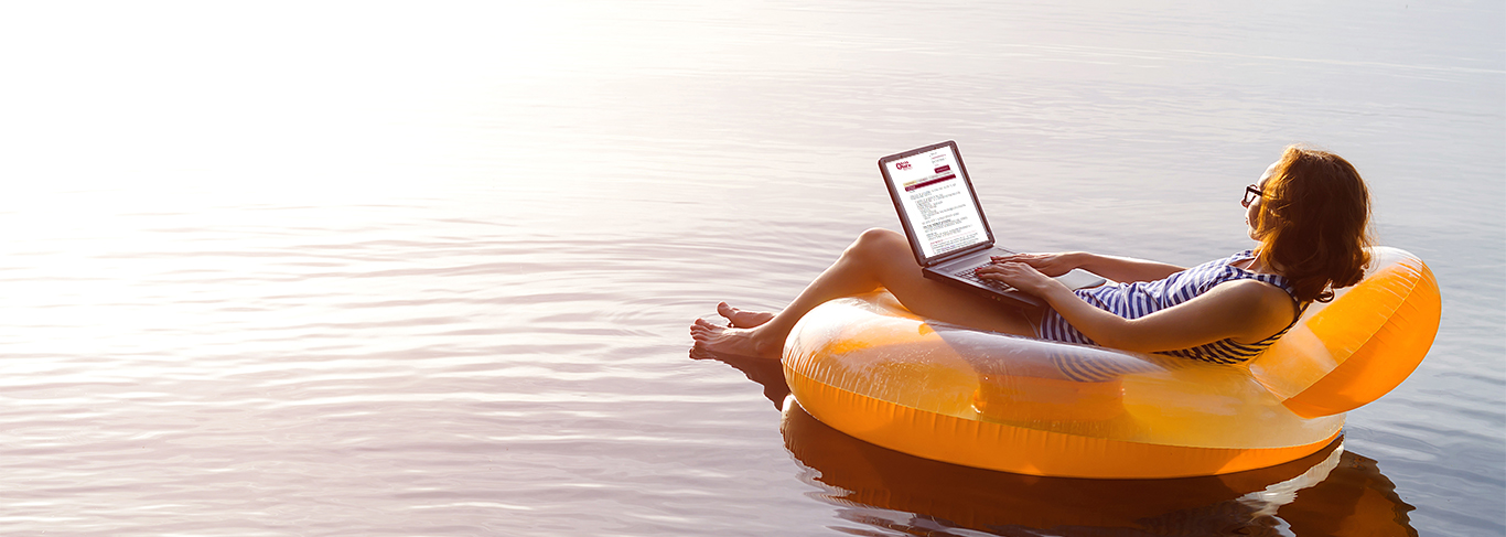 Lady floating in pool with computer. Click here to open account.